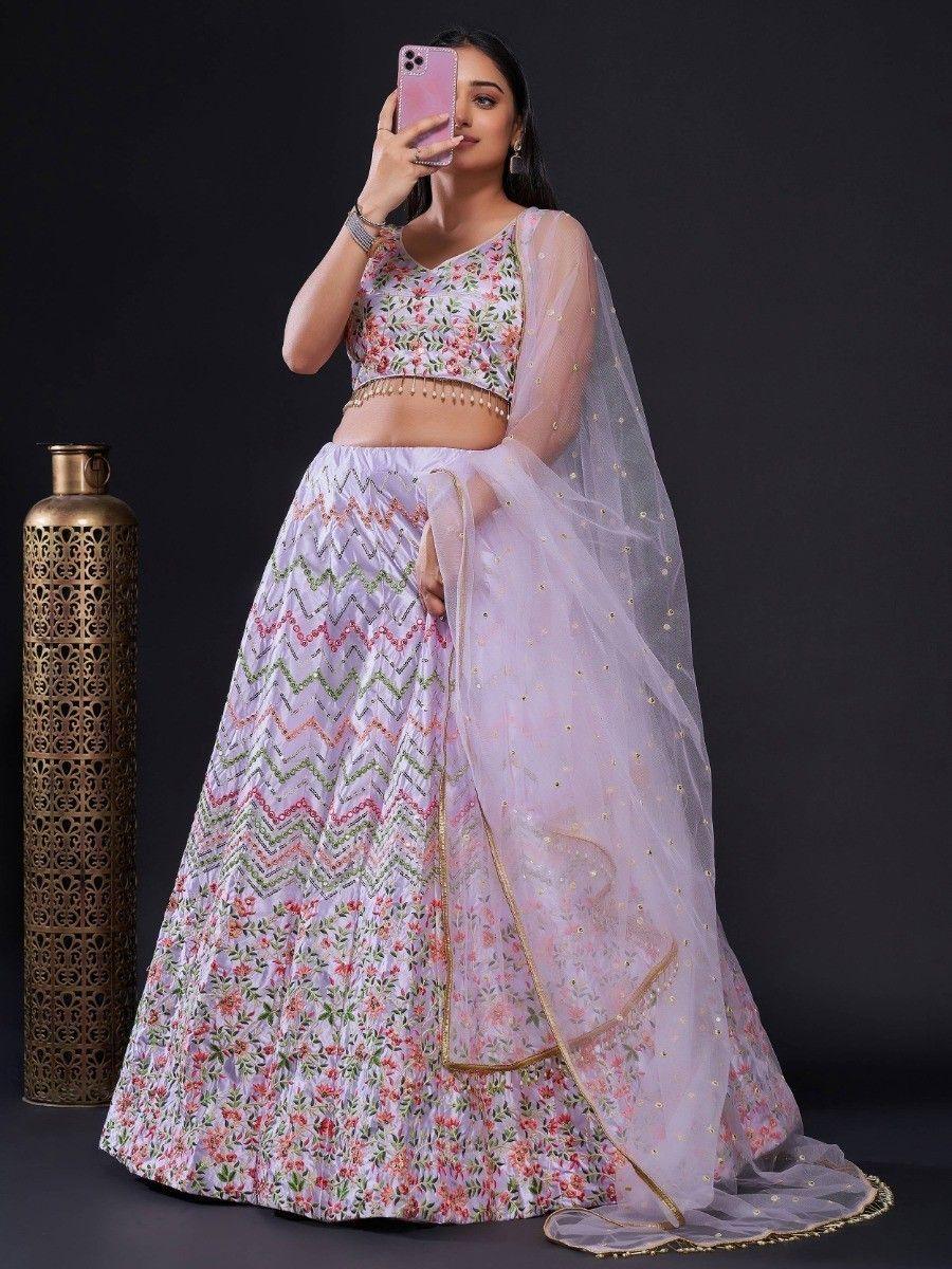 Simple Yet Sophisticated Light Purple Lehenga | Satin Silk with Threadwork