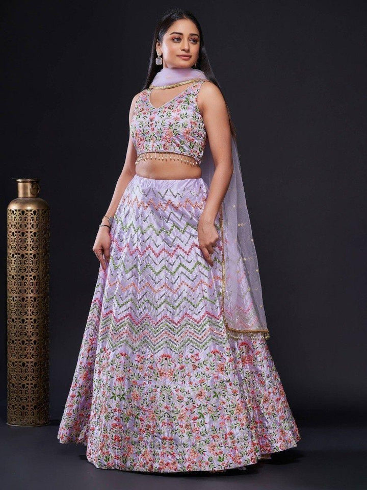 Simple Yet Sophisticated Light Purple Lehenga | Satin Silk with Threadwork