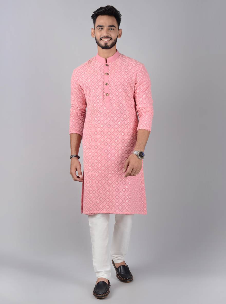 Designer pink Lucknowi embroidered kurta pajama for USA special occasions.