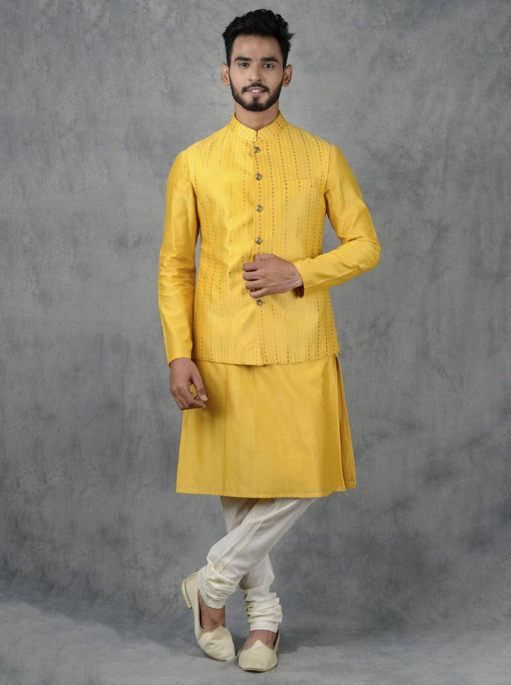 Eye-catching yellow Bandhgala jacket with a fun screen print, perfect for weddings and festive gatherings.