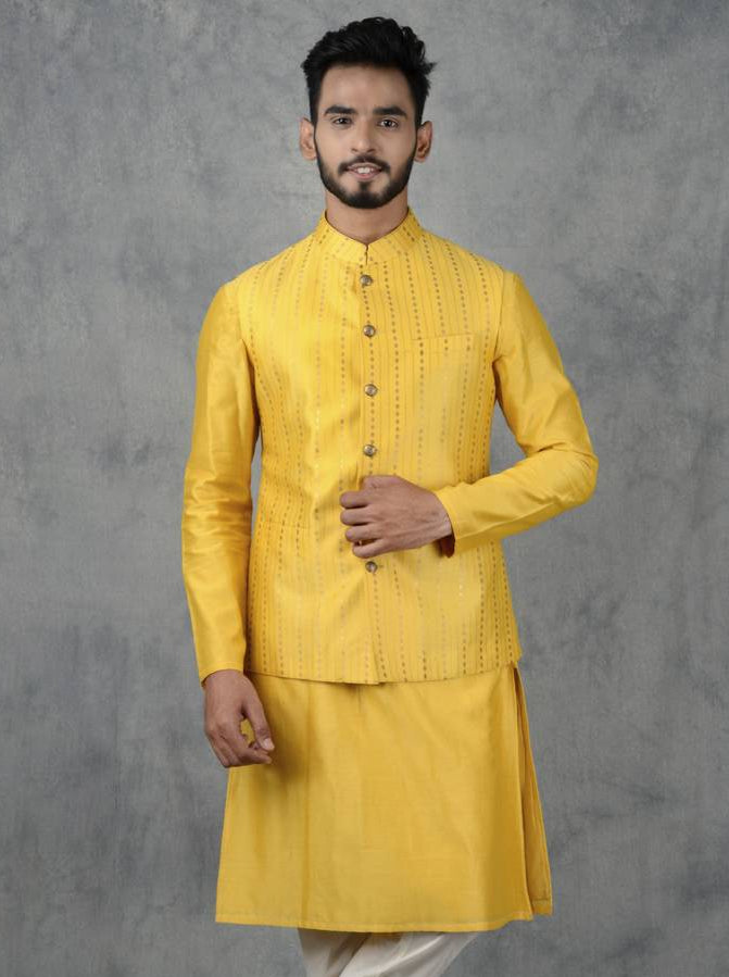 Vibrant yellow Bandhgala jacket with playful screen print, perfect for weddings and parties.