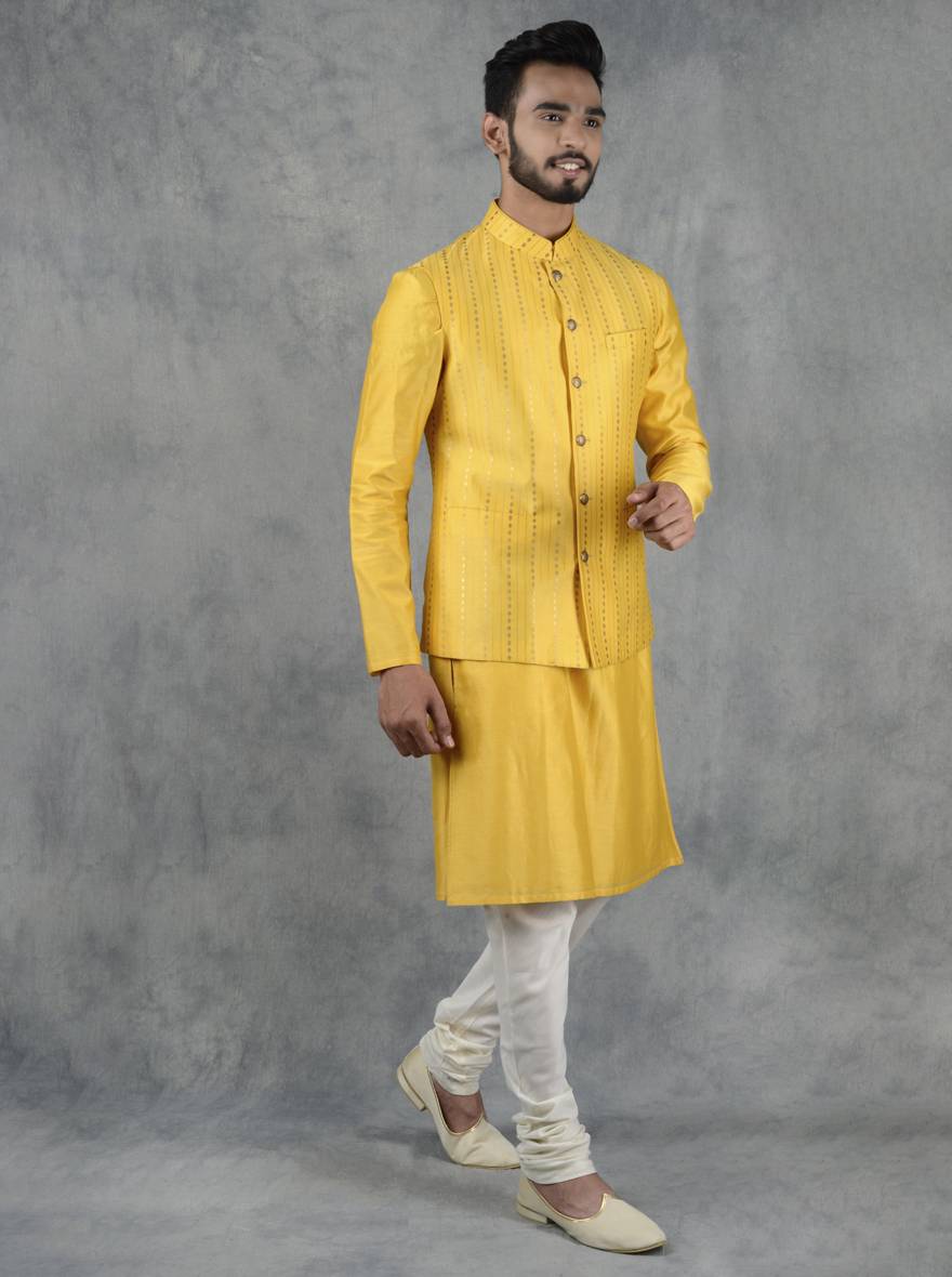 Tailored yellow Bandhgala jacket featuring a vibrant screen print, ideal for standing out at any occasion.