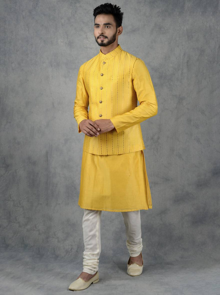 Bright yellow Bandhgala jacket designed for celebrations, combining playful style and tailored fit.