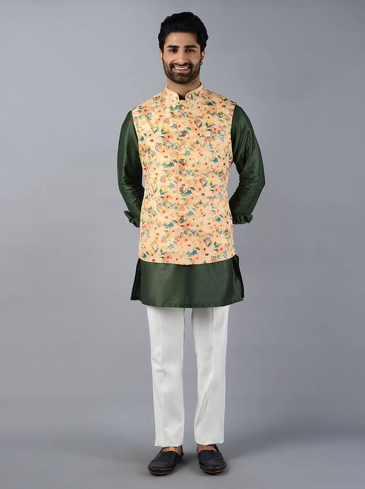 Get ready for the haldi ceremony in this printed cream waistcoat made from luxurious silk blend fabric.