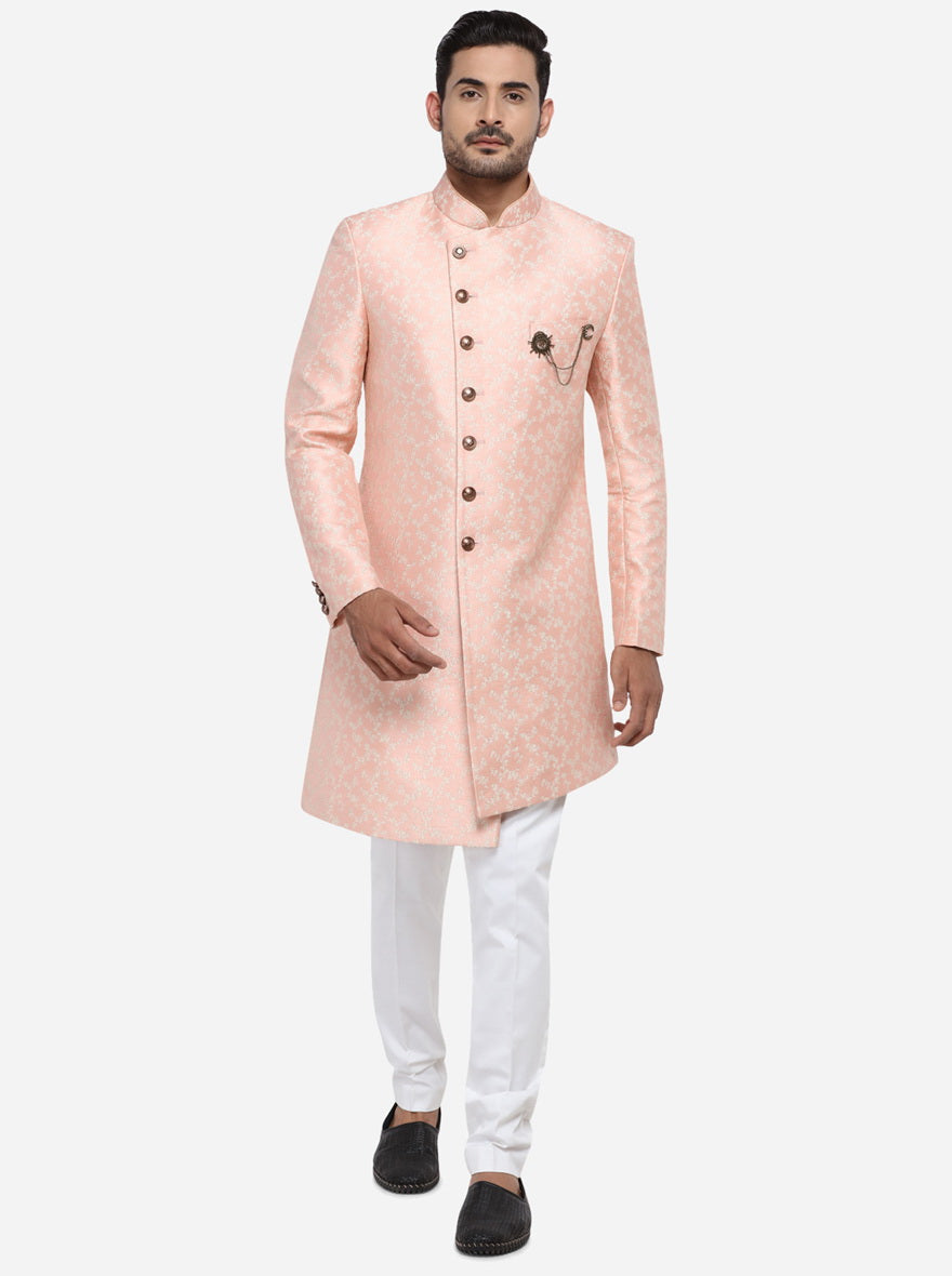 Mid-length Coral Peach men's jacket, blending traditional and modern.