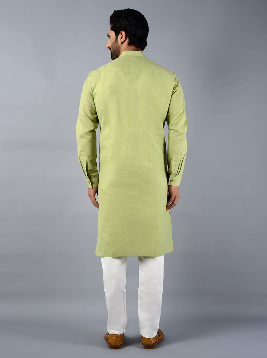 Embrace sophistication with our stylish leaf green kurta set, tailored for modern festivities.