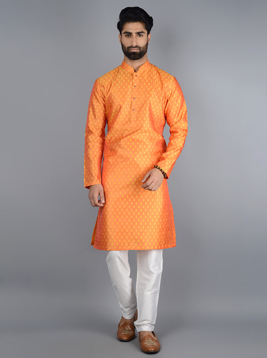 Sophisticated honey yellow kurta set with luxurious fabric for special events.