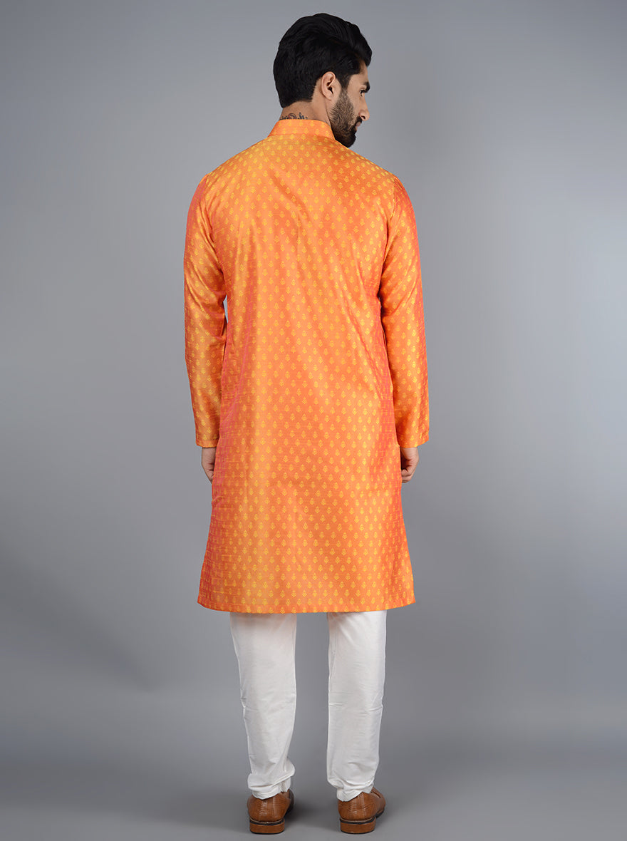 Celebrate in style with this honey yellow silk kurta set in the USA.