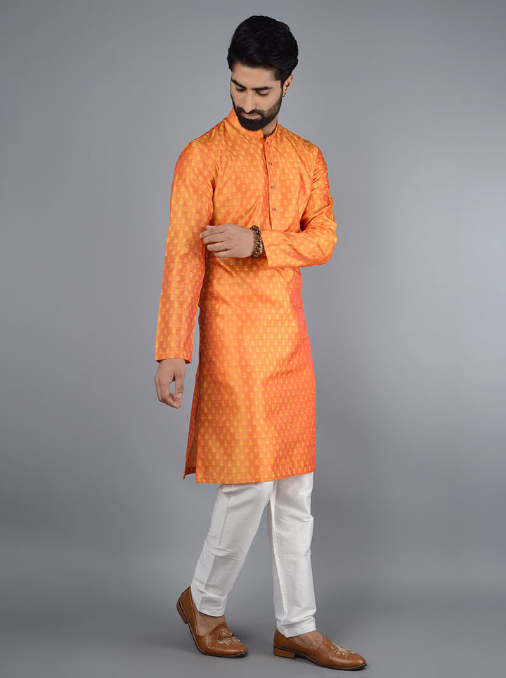 Unique honey yellow kurta set designed for festive gatherings and ceremonies.