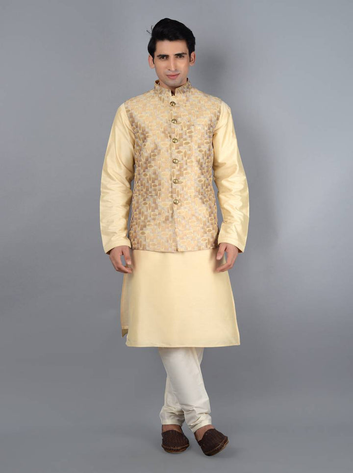 Elegant beige and gold Bandhgala jacket, showcasing exquisite craftsmanship for a refined look at events.