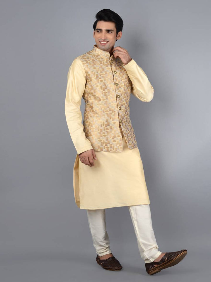 Stylish beige and gold Bandhgala jacket, crafted for comfort and style, perfect for any special occasion.