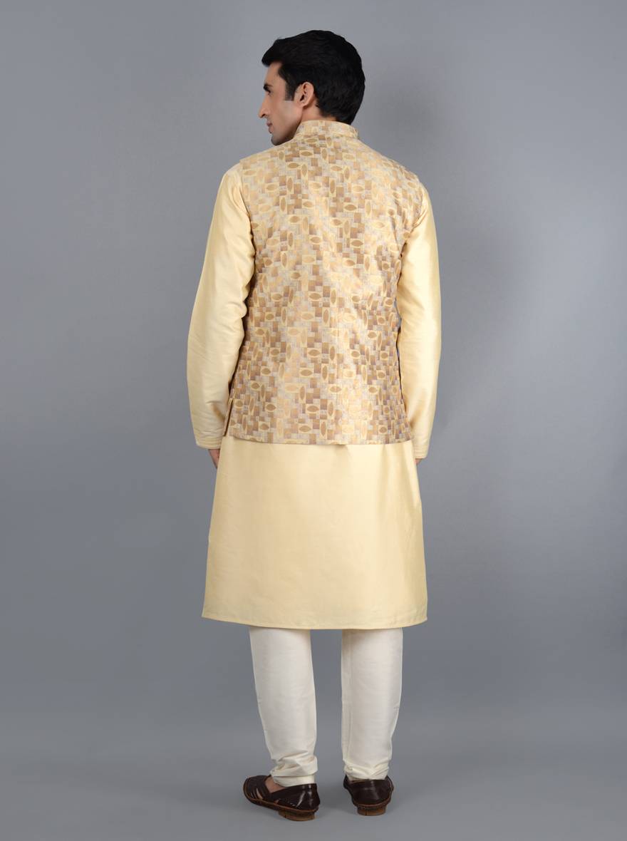 Beige and gold Bandhgala jacket with a refined color palette, ideal for turning heads at your next event.