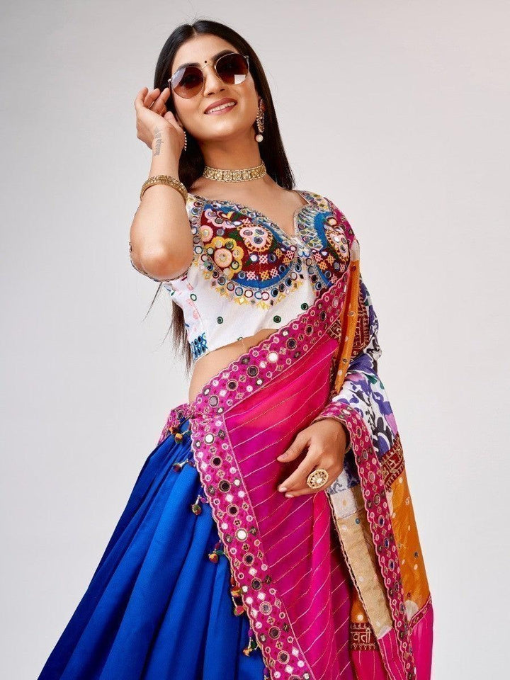 Traditional Blue Silk Lehenga | Mirror & Thread Work Choli with Dupatta