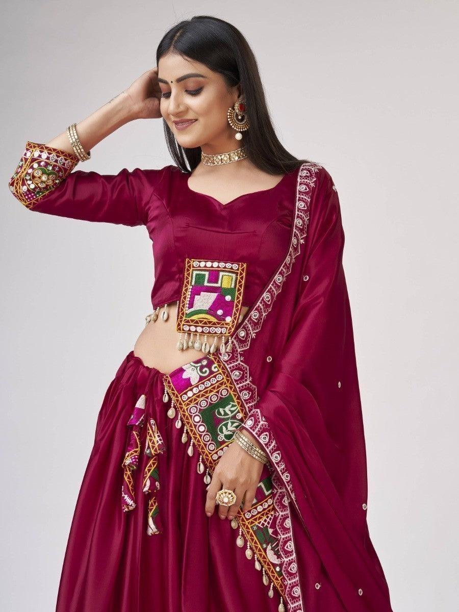 Exquisite Pink Satin Lehenga Choli | Gamthi Work for Navratri