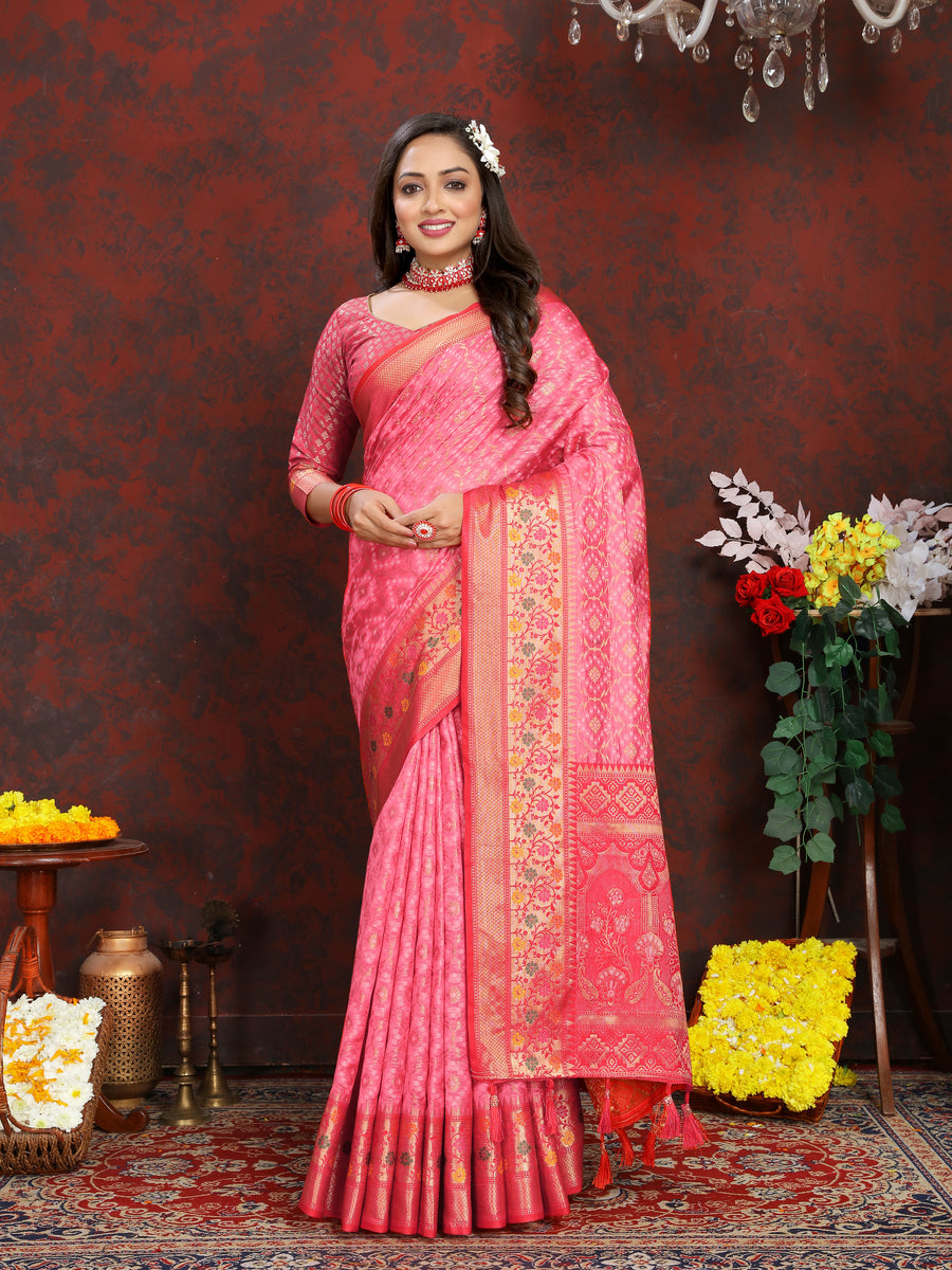 Stunning coral pink Meenakari organza silk saree featuring a zari border and tassels at the pallu, perfect for festive occasions.