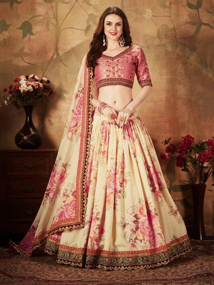 Elegant Indian Lehenga Choli | Peach Beige Floral Design for Brides