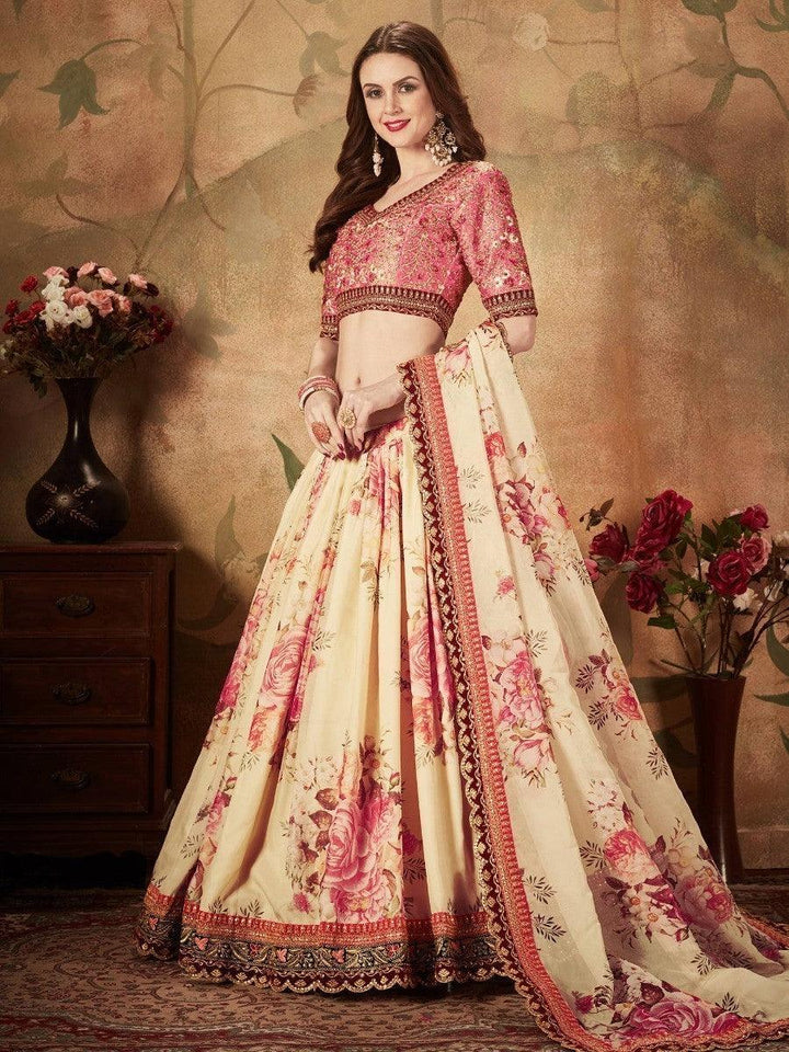 Elegant Indian Lehenga Choli | Peach Beige Floral Design for Brides