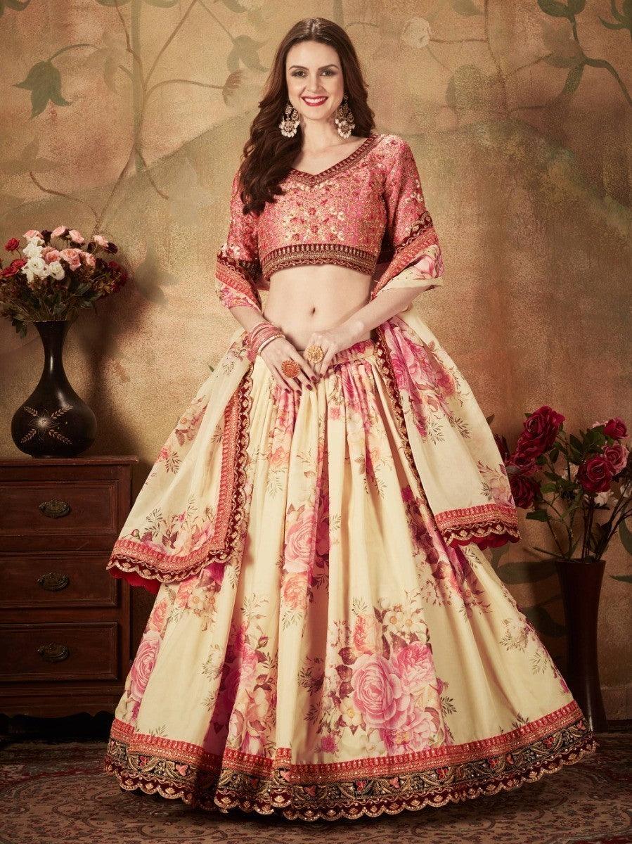 Elegant Indian Lehenga Choli | Peach Beige Floral Design for Brides