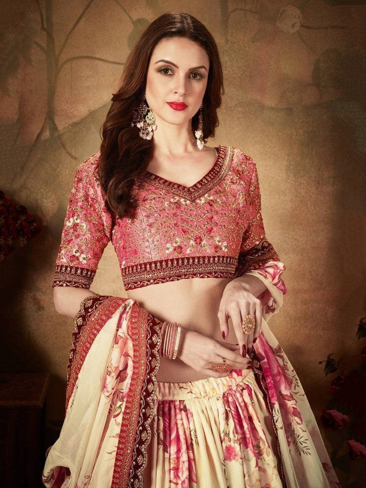 Elegant Indian Lehenga Choli | Peach Beige Floral Design for Brides