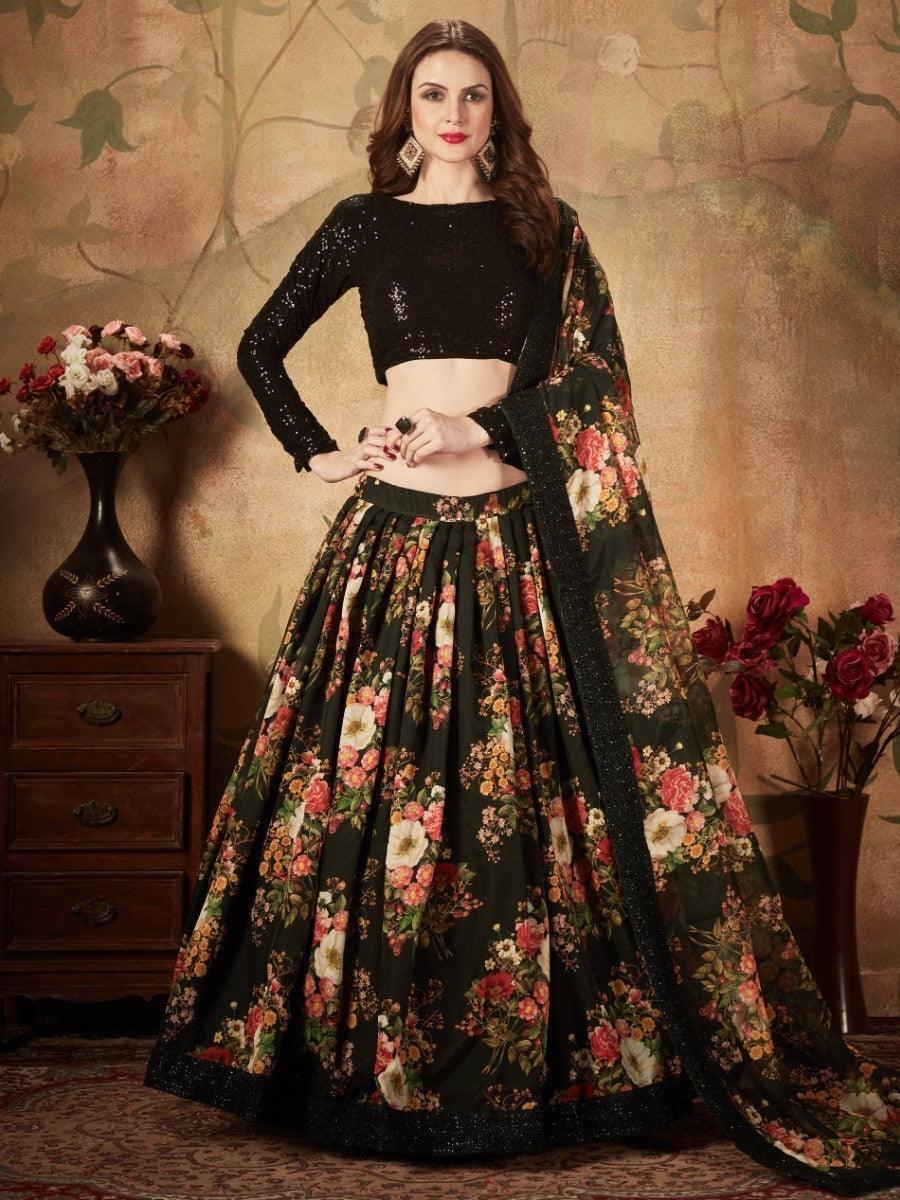 Elegant Black Lehenga Choli | Floral Organza Silk with Lace Border Dupatta