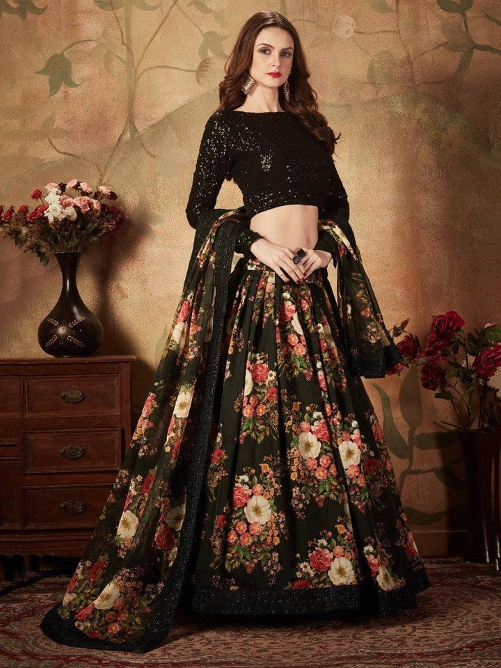 Elegant Black Lehenga Choli | Floral Organza Silk with Lace Border Dupatta