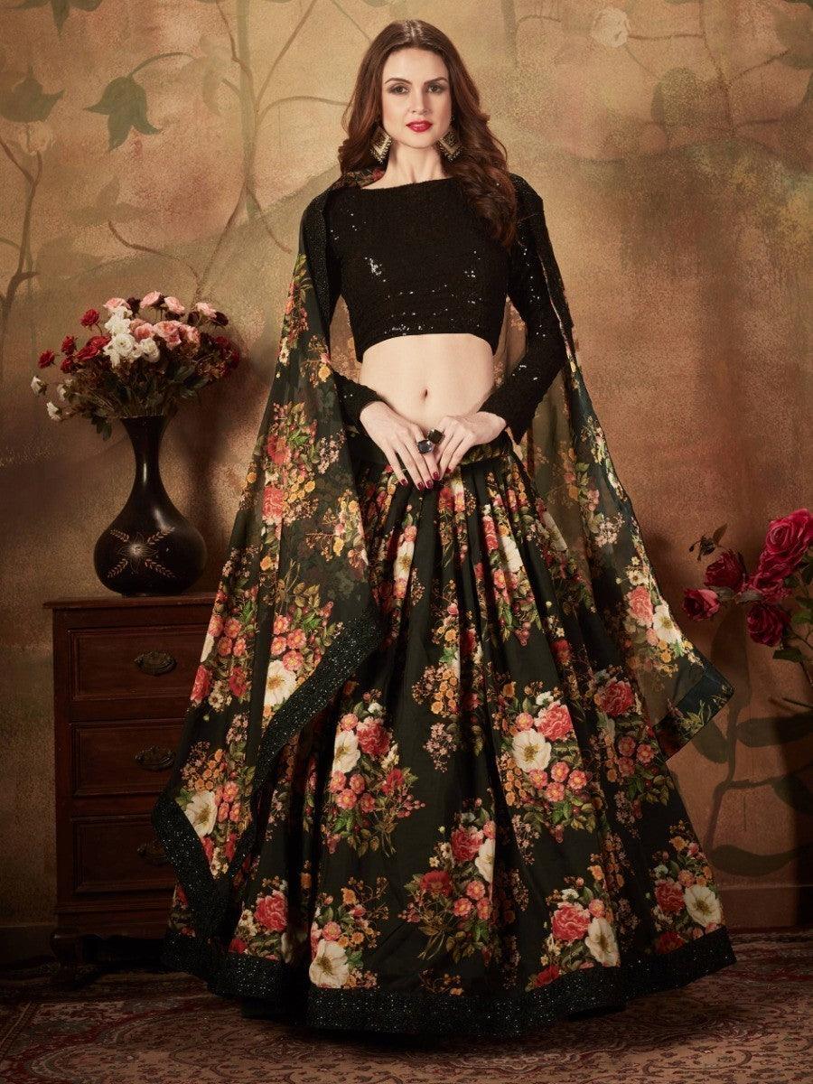 Elegant Black Lehenga Choli | Floral Organza Silk with Lace Border Dupatta