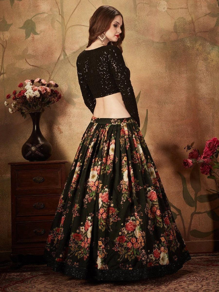 Elegant Black Lehenga Choli | Floral Organza Silk with Lace Border Dupatta