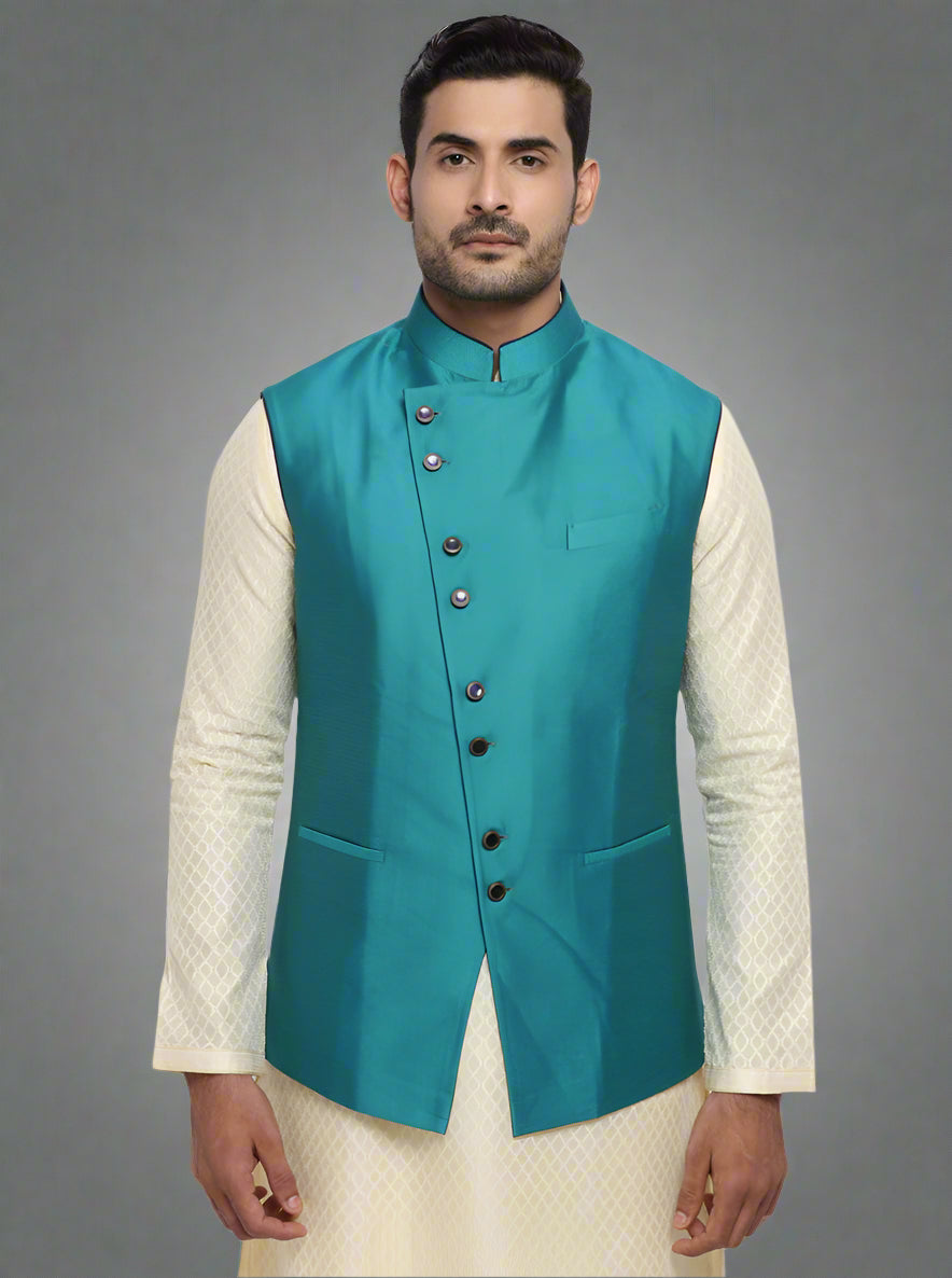 Men's aqua green Jacquard waistcoat with Dobby design, featuring side slits and a mandarin collar, perfect for festive events.