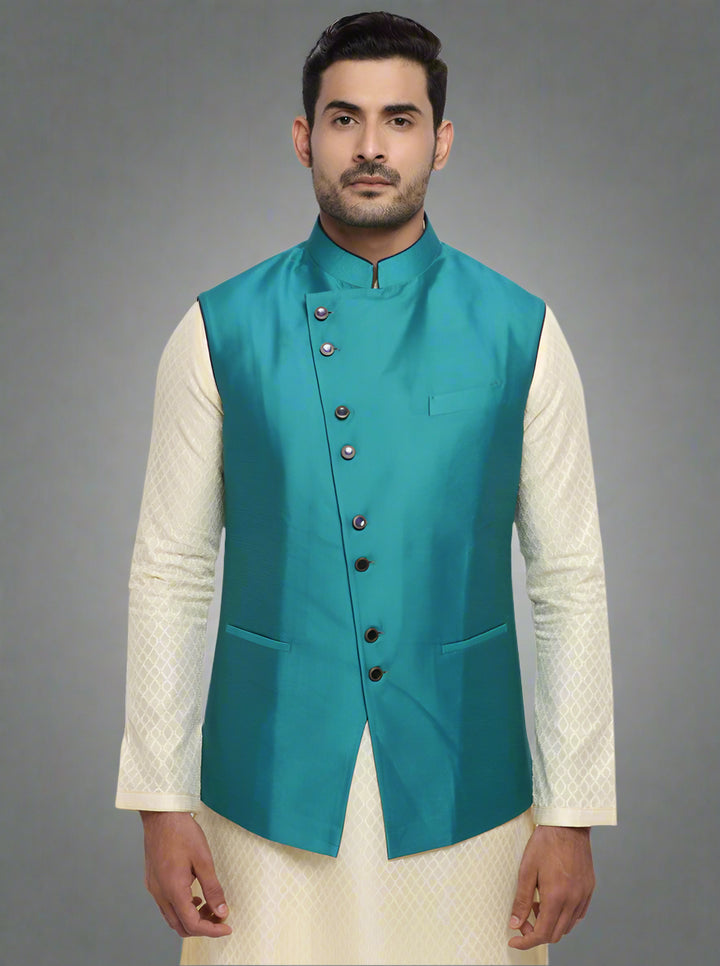 Men's aqua green Jacquard waistcoat with Dobby design, featuring side slits and a mandarin collar, perfect for festive events.