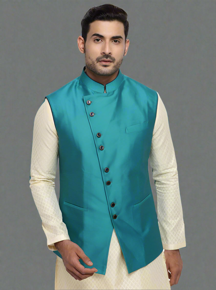 Aqua green Dobby Jacquard waistcoat with a mandarin collar, three pockets, and side slits for a stylish look at formal occasions.