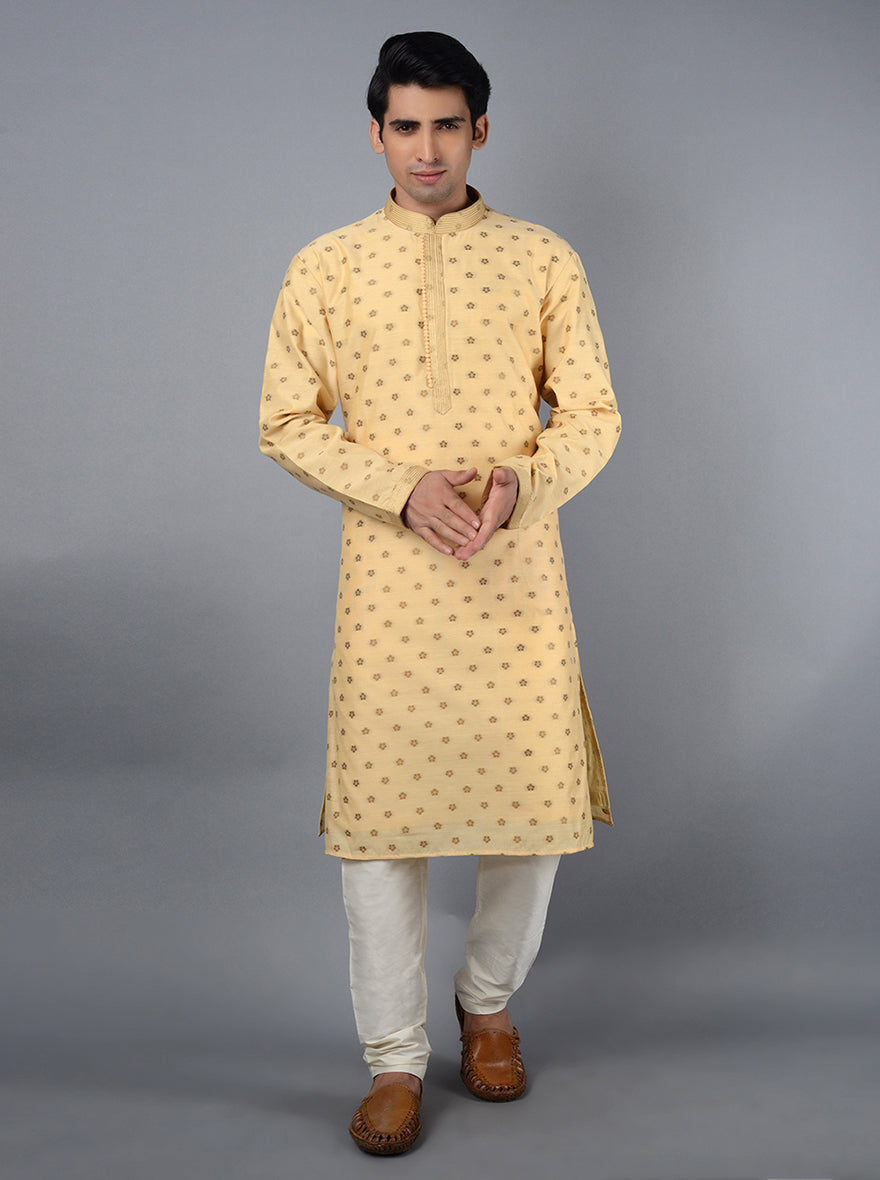 Luxurious silk jacquard cream kurta pajama for festive events.