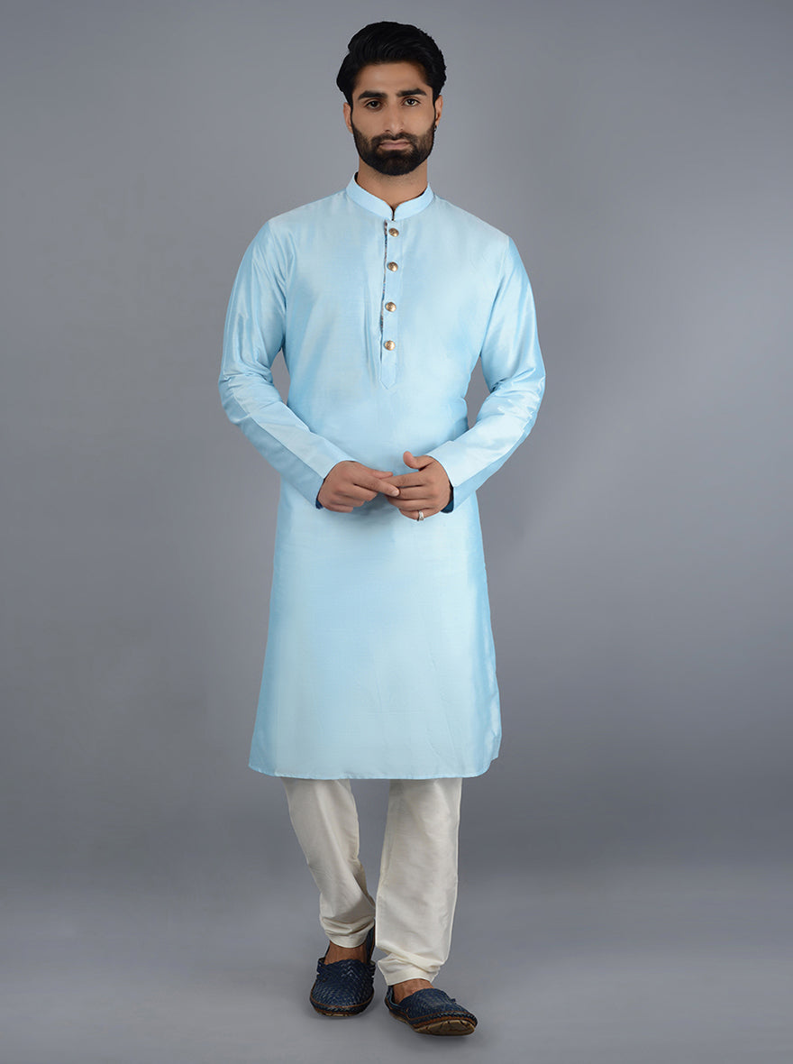 Stylish sky blue kurta pajama crafted from silk, keeping you cool while offering a classic look for special occasions.