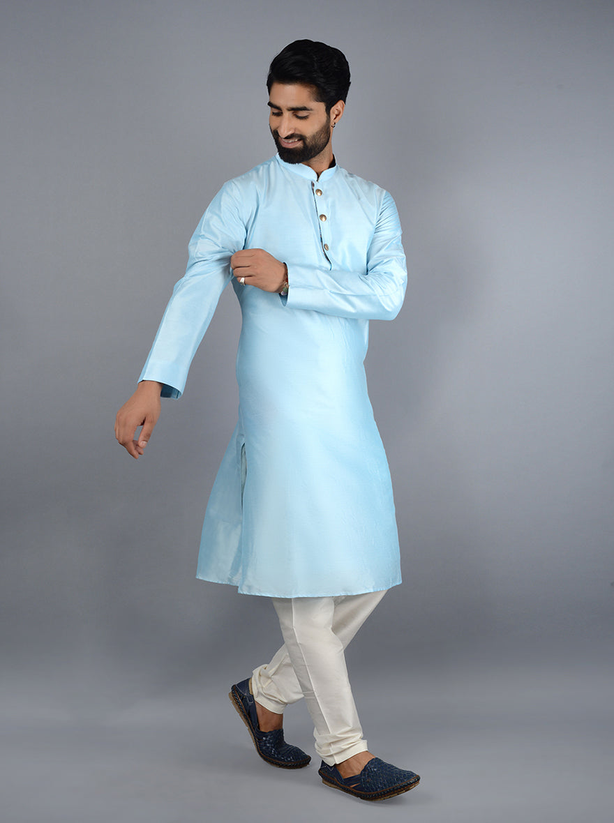 Chic sky blue kurta pajama set crafted for versatility, suitable for various celebrations in the USA.