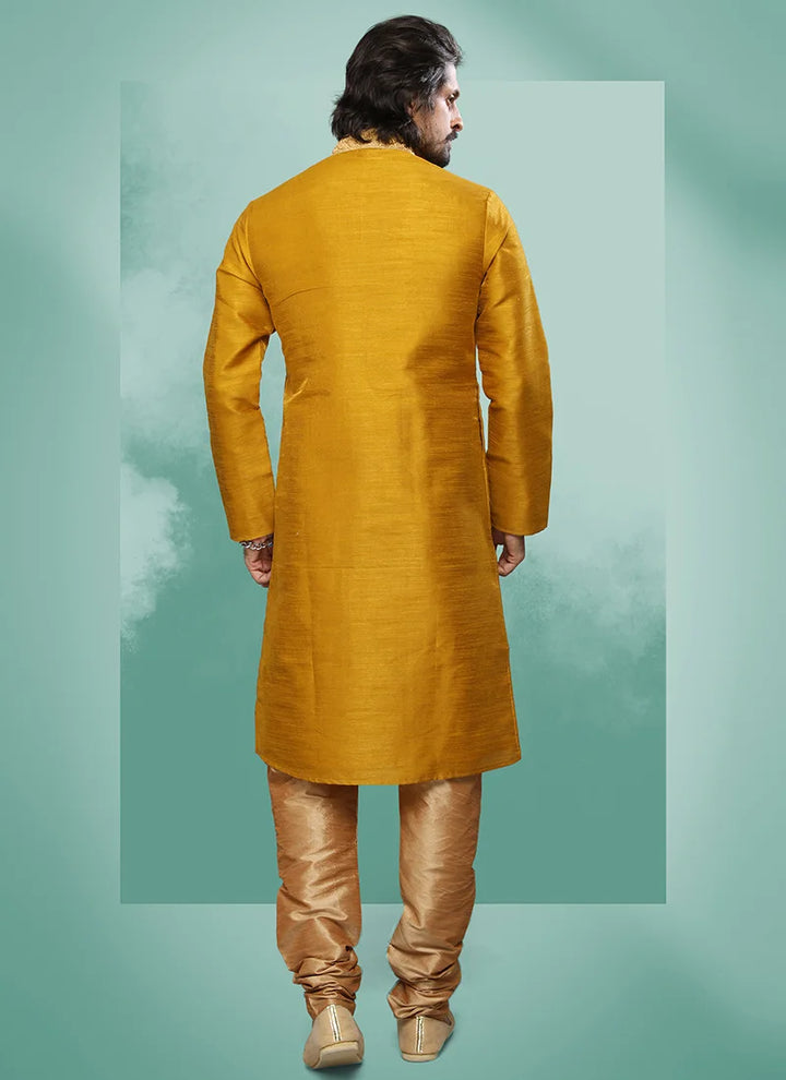 Traditional Gold Art Silk Premium Kurta Pajama | Enriched with Fine Embroidery & Graceful Aesthetic