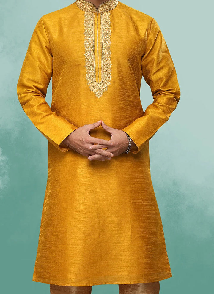 Traditional Gold Art Silk Premium Kurta Pajama | Enriched with Fine Embroidery & Graceful Aesthetic