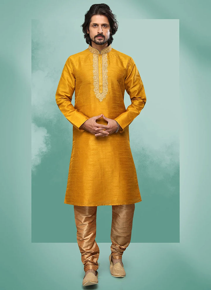 Traditional Gold Art Silk Premium Kurta Pajama | Enriched with Fine Embroidery & Graceful Aesthetic