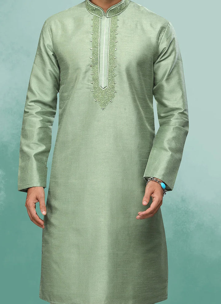 Stunning Green Art Silk Premium Kurta Pajama | Handcrafted with Intricate Details for Timeless Appeal