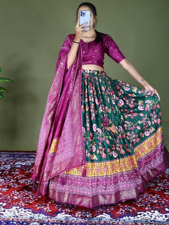 Green Mehendi Lehenga Choli with Tassels | Dolla Silk & Digital Print