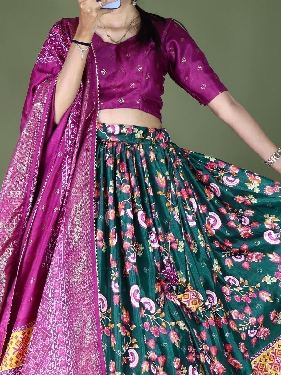 Green Mehendi Lehenga Choli with Tassels | Dolla Silk & Digital Print