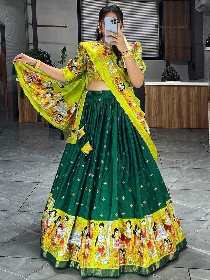 Classic Green Digital Print Lehenga Choli | Tassel Work & Foil Embellishments