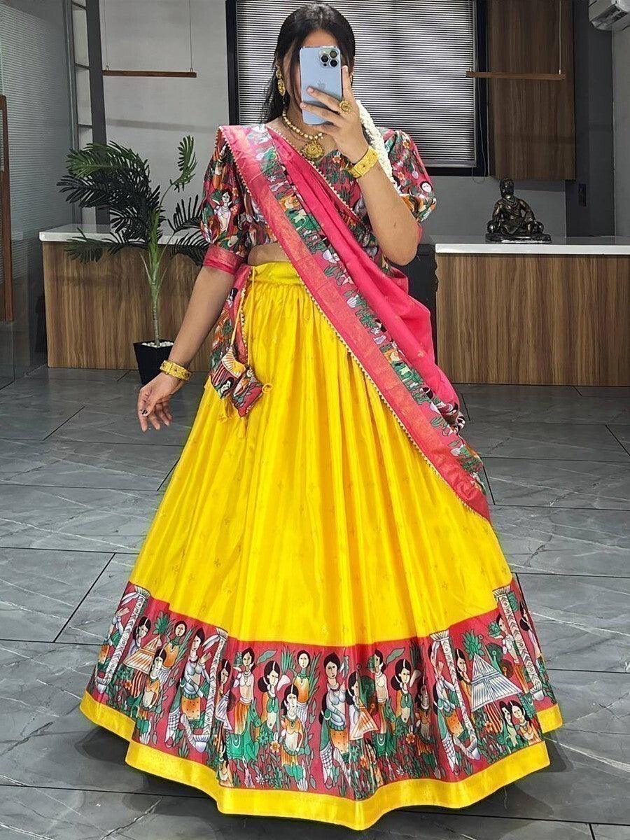 Majestic Yellow Kalamkari Silk Lehenga | Digital Print & Foil Work with Dupatta