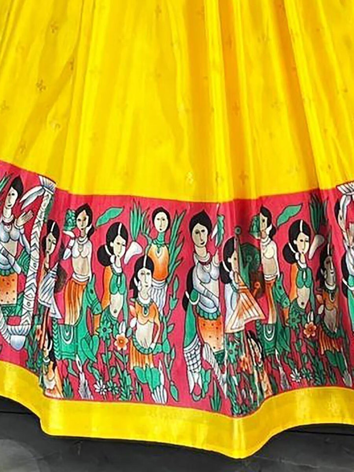 Majestic Yellow Kalamkari Silk Lehenga | Digital Print & Foil Work with Dupatta