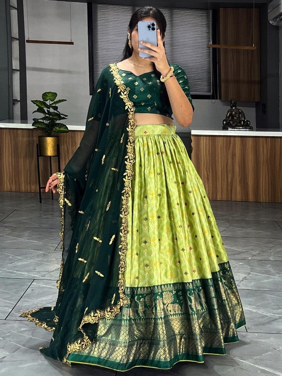 Light Green Dolla Silk Lehenga | Foil Work, Tassels & Digital Print