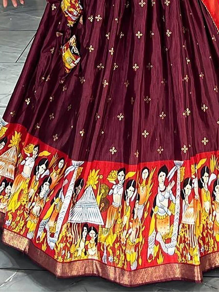 Traditional Purple Kalamkari Print Silk Lehenga | Tassels, Foil Work & Dupatta