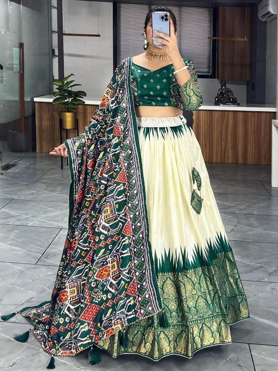 Elegant Patola Print Lehenga Choli | Off-White & Green Dola Silk Set