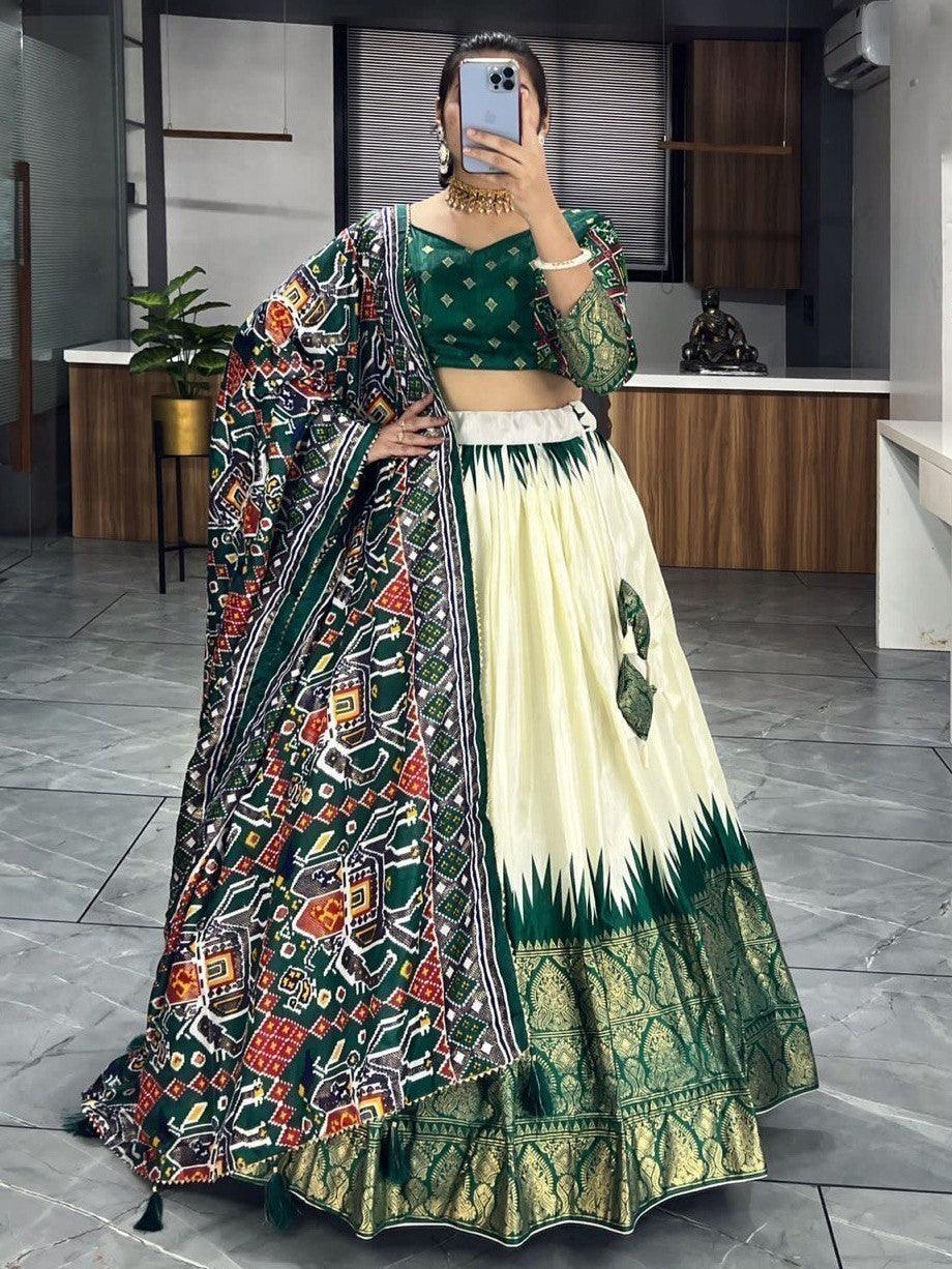 Elegant Patola Print Lehenga Choli | Off-White & Green Dola Silk Set