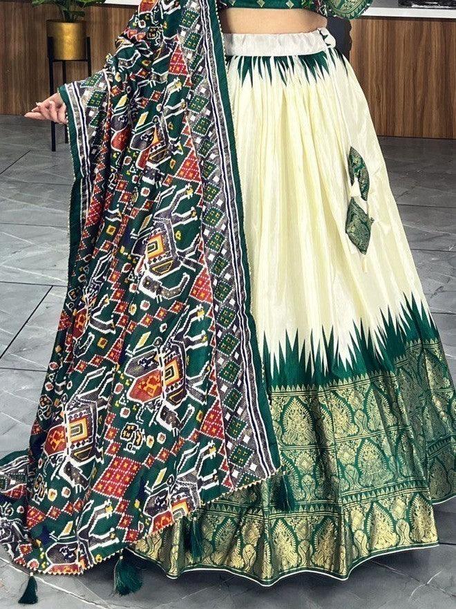 Elegant Patola Print Lehenga Choli | Off-White & Green Dola Silk Set