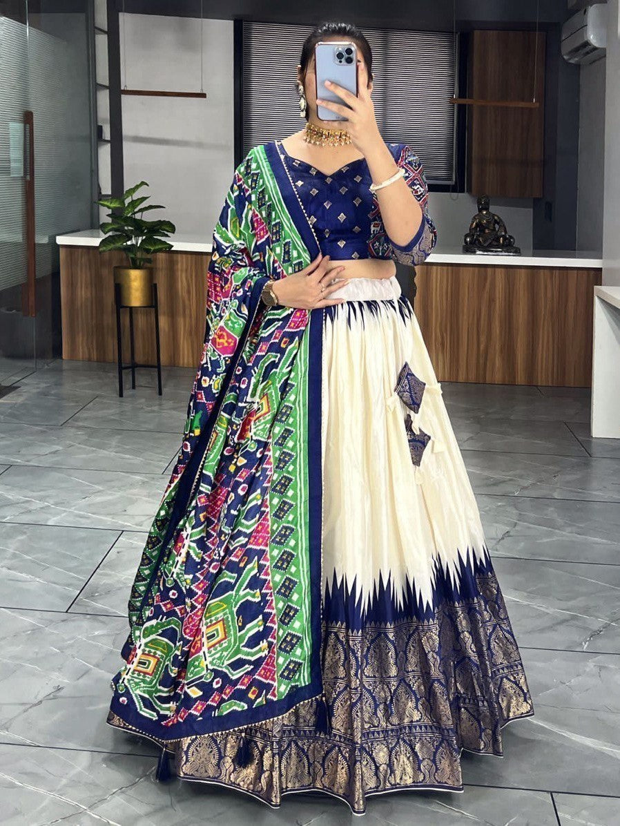 Off-White Navy Blue Lehenga | Patola & Paithni Print Lehenga Choli