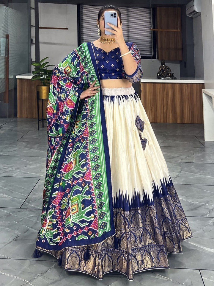 Off-White Navy Blue Lehenga | Patola & Paithni Print Lehenga Choli