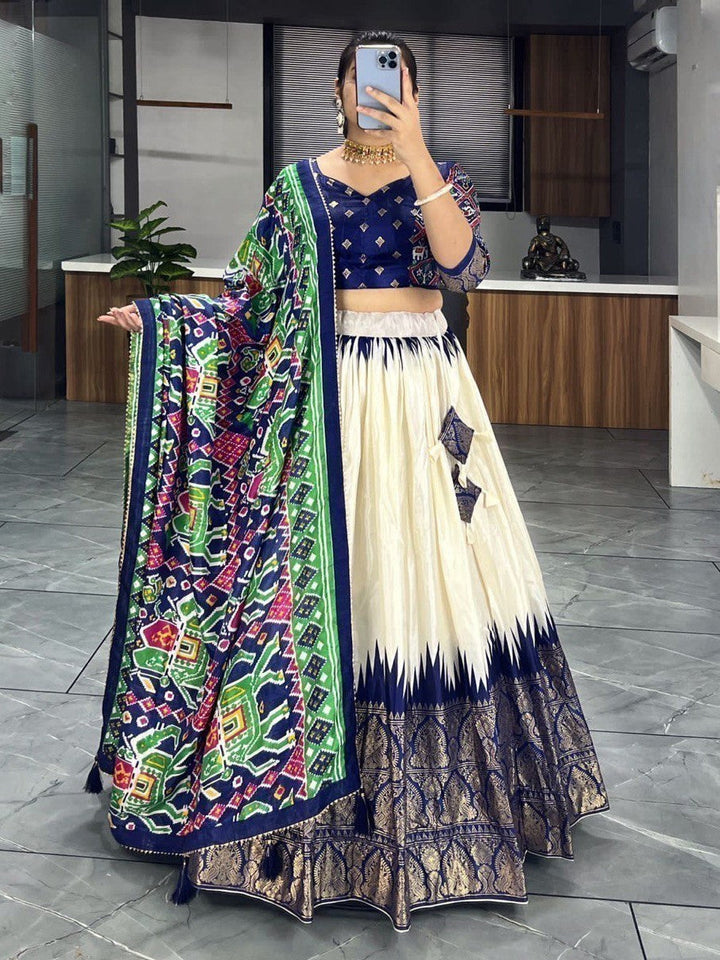 Off-White Navy Blue Lehenga | Patola & Paithni Print Lehenga Choli